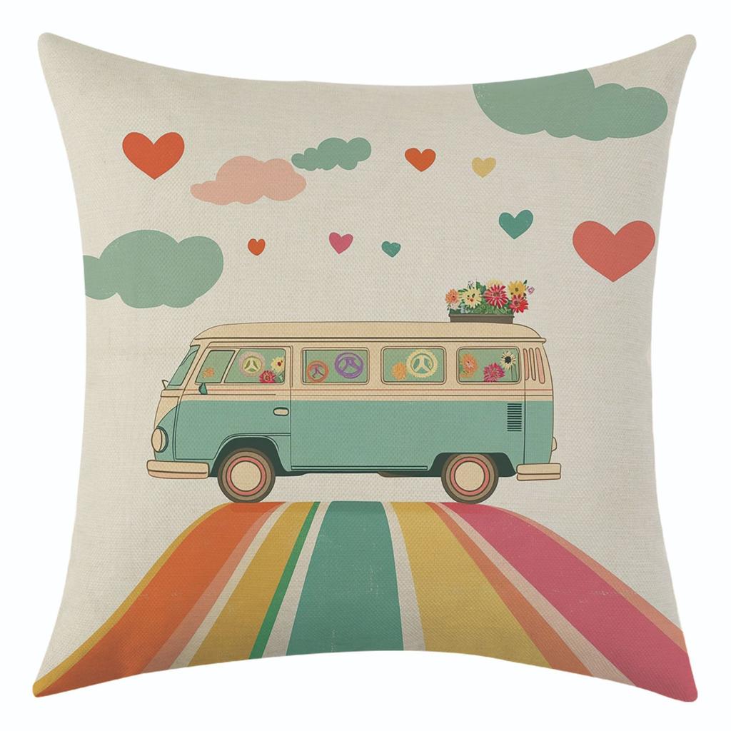 New Rainbow Flower School Bus Linen Pillowcase for Festival Decoration Car Cushion Cover