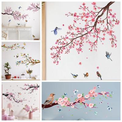 Multicolor Wall Sticker PVC Chinese Style Flower Blossom Decals Green Leaf Ornament Bird On Tree Branch Stickers