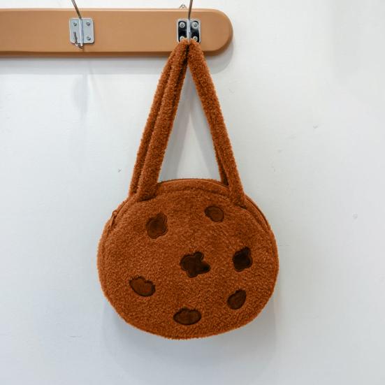 Schokoladenkeks Tragetasche Flauschiger Brauner Keks Umhängetasche Mit Reißverschluss Runde Plüsch Handtasche für Frauen Arbeit Reisen Straße Date