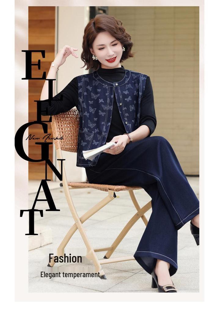 Korean Style Autumn Fashion Set: Middle-Aged Women's Casual Three-Piece Outfit Featuring Top, Wide-Leg Pants, and Vest.