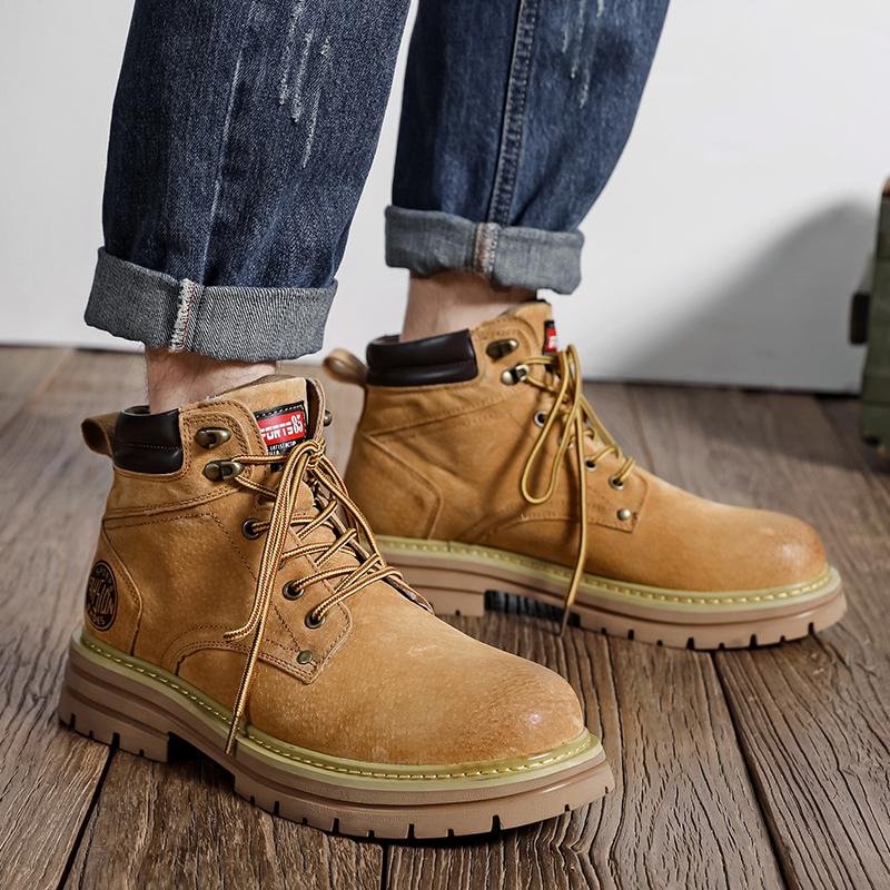 Hot Selling Street Fashion Work Boots Winter Thick Soled Yellow Men's High Top Shoes Warm Plush Men's Outdoor Hiking Shoes