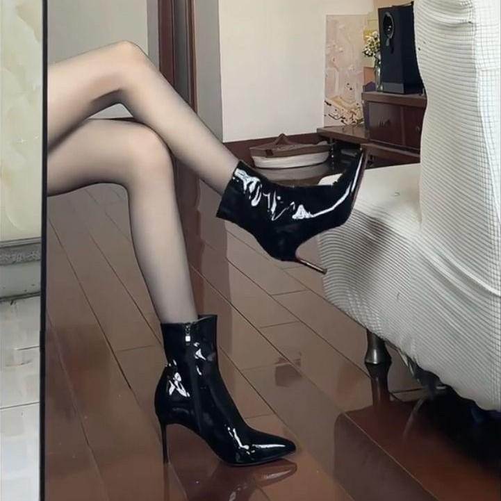 Good-looking Imperial Sister, Daily Red-soled Pointed Short Boots, Women's Patent Leather Boots, High Heels, College Style Stiletto