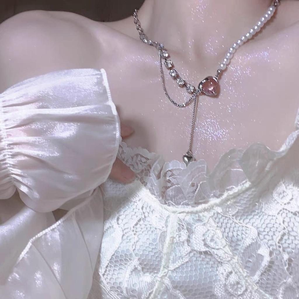 Pink Zircon Love Splicing Pearl Necklace Women'S Light Luxury High-End Neck Chain Sweet Niche Design Collarbone Chain Women