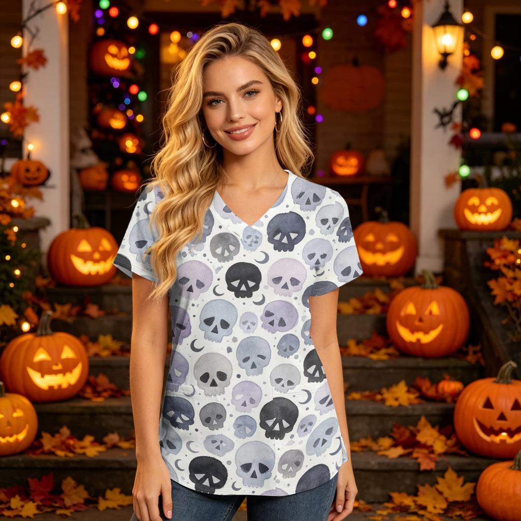 Damen V-Ausschnitt Kurzarm Kasack mit Taschen Halloween-Print Pflegekraft Uniform