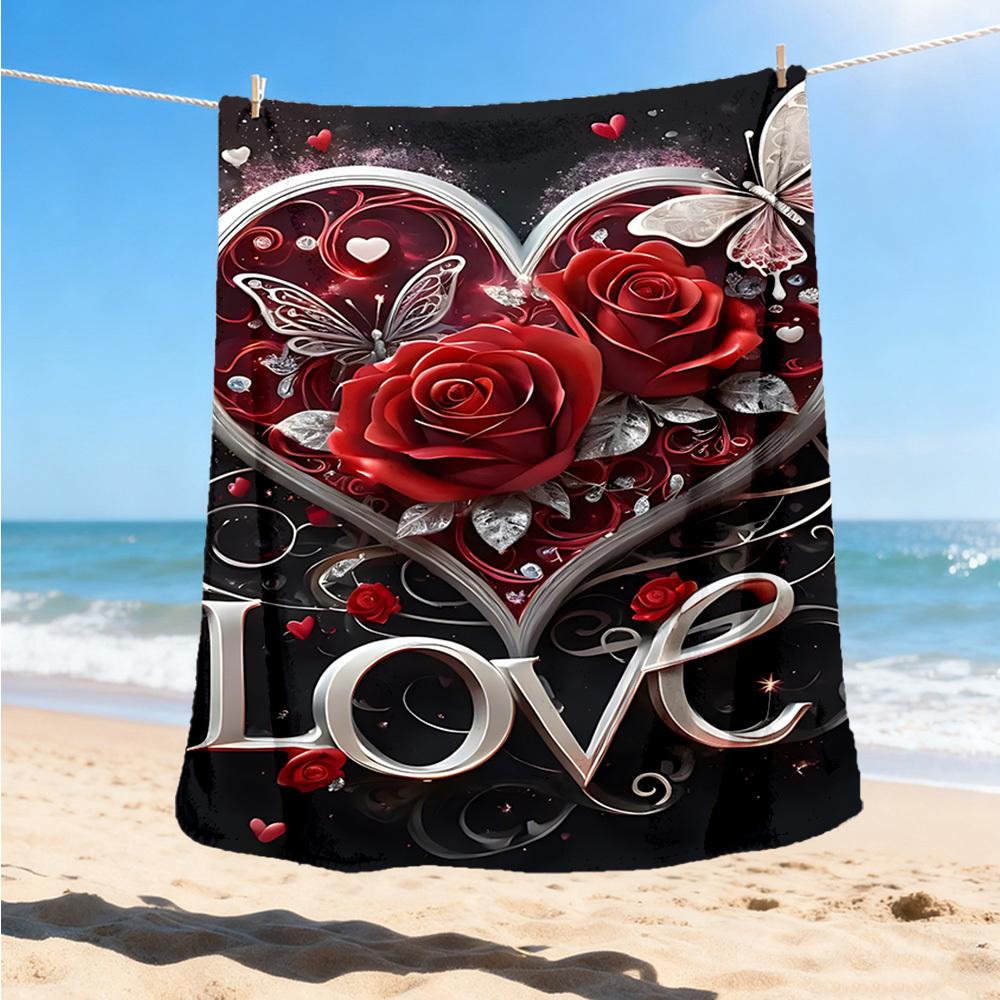 1pc Heart Roses Love Throw Blanket Polyester Fiber, Lightweight Flannel, Soft & Warm, All Season Use for Outdoor, Camping