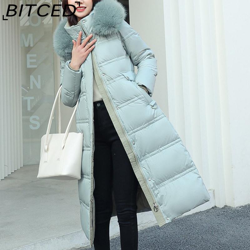 BITCED Winter Down-Filled Cotton Coat for Women - Long Style, Knee-Length, Oversized Fur Collar, Slim-Fit, Belted Design, Cotton