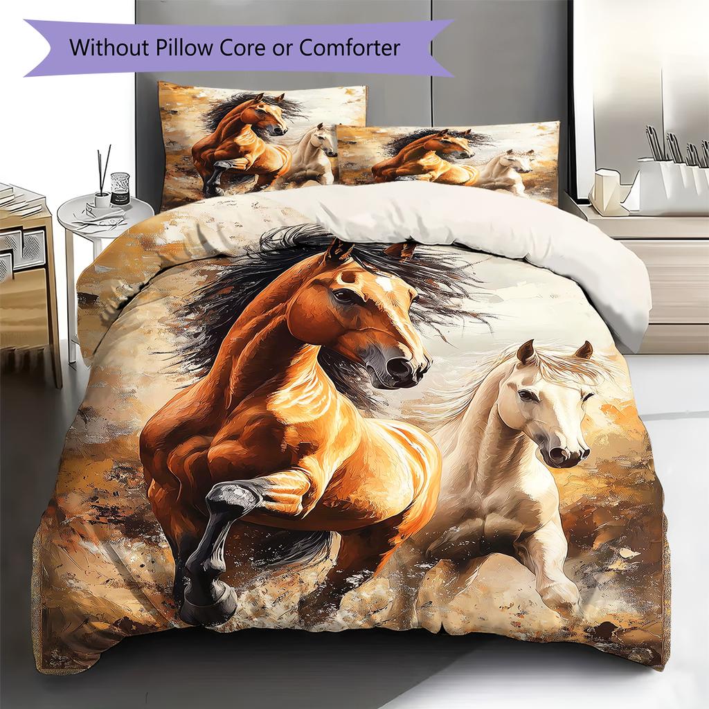 Horses Painting Pattern Bedding Quilt Set Quilt Cover Pillowcase Home Decoration Birthday Gift (1 * Duvet Cover + 2 * Pillowcase, Without Core)