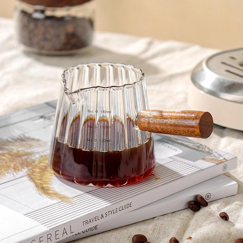 180ML Espresso Cup With Wood Handle Milk Coffee Measuring Glass wth Scale Liquid Frothing Jug Latte Art Mug Coffee Accessories