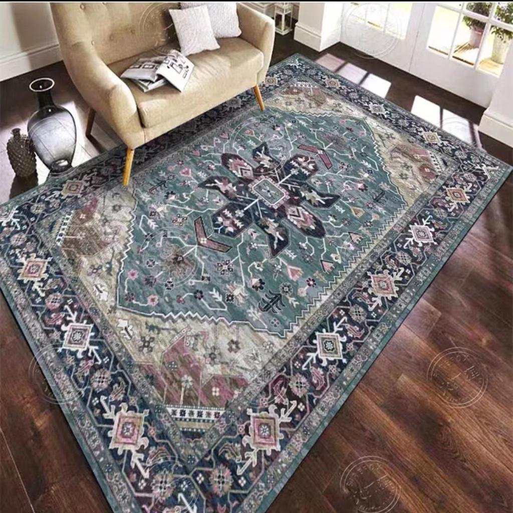 Washable Area Rug Teal Boho Bedroom Non-Slip Oriental Carpet Throw Rug Low-Pile Indoor Floor Carpet for Dining Room Living Room Foyer Decor