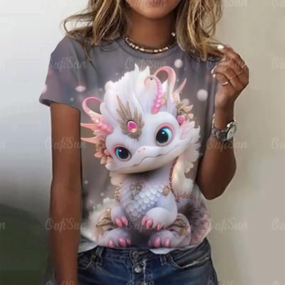 Letnie damskie T-shirty Wzór kreskówkowy Casualowe 3D Smok Krótki rękaw Koszulka Dla kobiet Odzież Oversize Streetwear Top