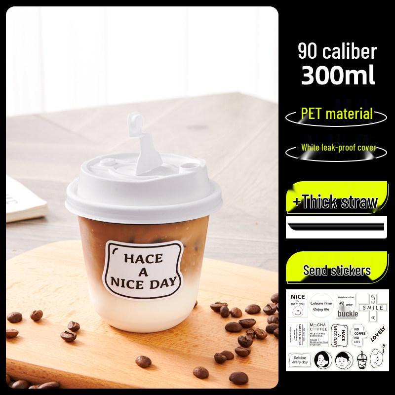 Transparent Disposable Coffee Cup with Lid, 90 Caliber, American Style for Cold Drinks, Milk Tea, Chubby Takeaway Cup