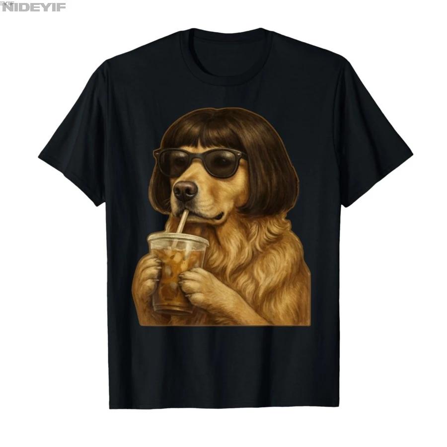 Funny Dog Drinking Iced Coffee Funny Golden Retriever Meme Tshirt For Men Women 100 Cotton T Shirts Short Sleeve Tops 04172 S