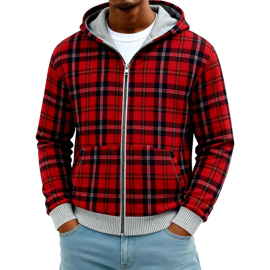 Felpa con cappuccio da uomo reversibile patchwork a quadri con zip per autunno e inverno