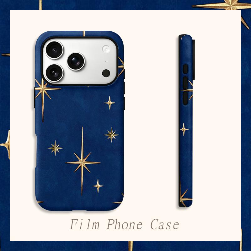 Midnight Gold Starburst Star Pattern Protective Shockproof Film Aesthetic Bumper Phone Case Cover For iPhone 14 15 16 17 Pro Max Plus