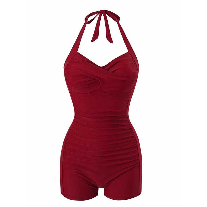 Women Lace Up Solid One Piece Modest Tummy Control Beach Swimsuit