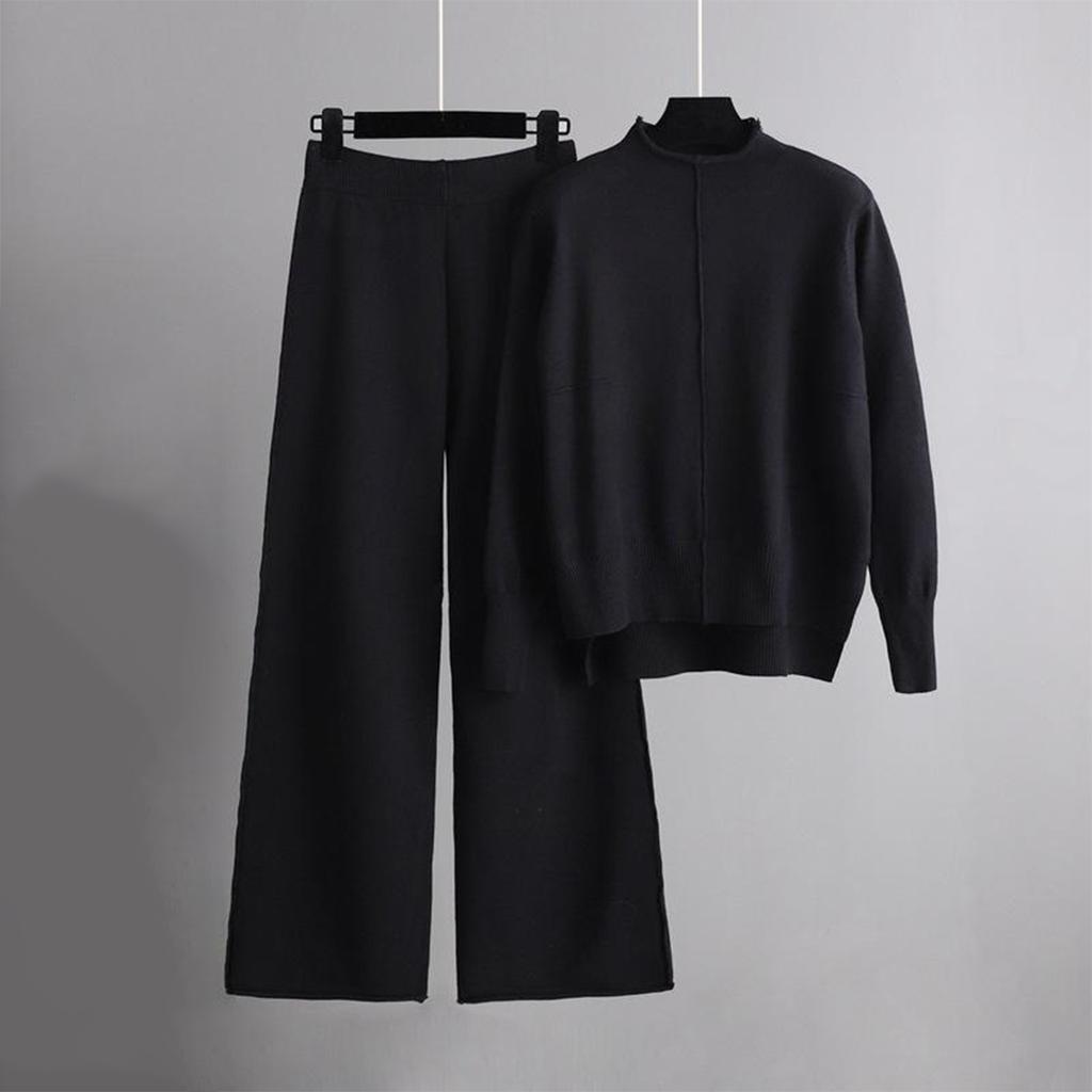 Abito pullover lavorato a maglia causale autunno inverno nuova moda tinta unita colletto mezzo alto pantaloni a gamba larga set a due pezzi