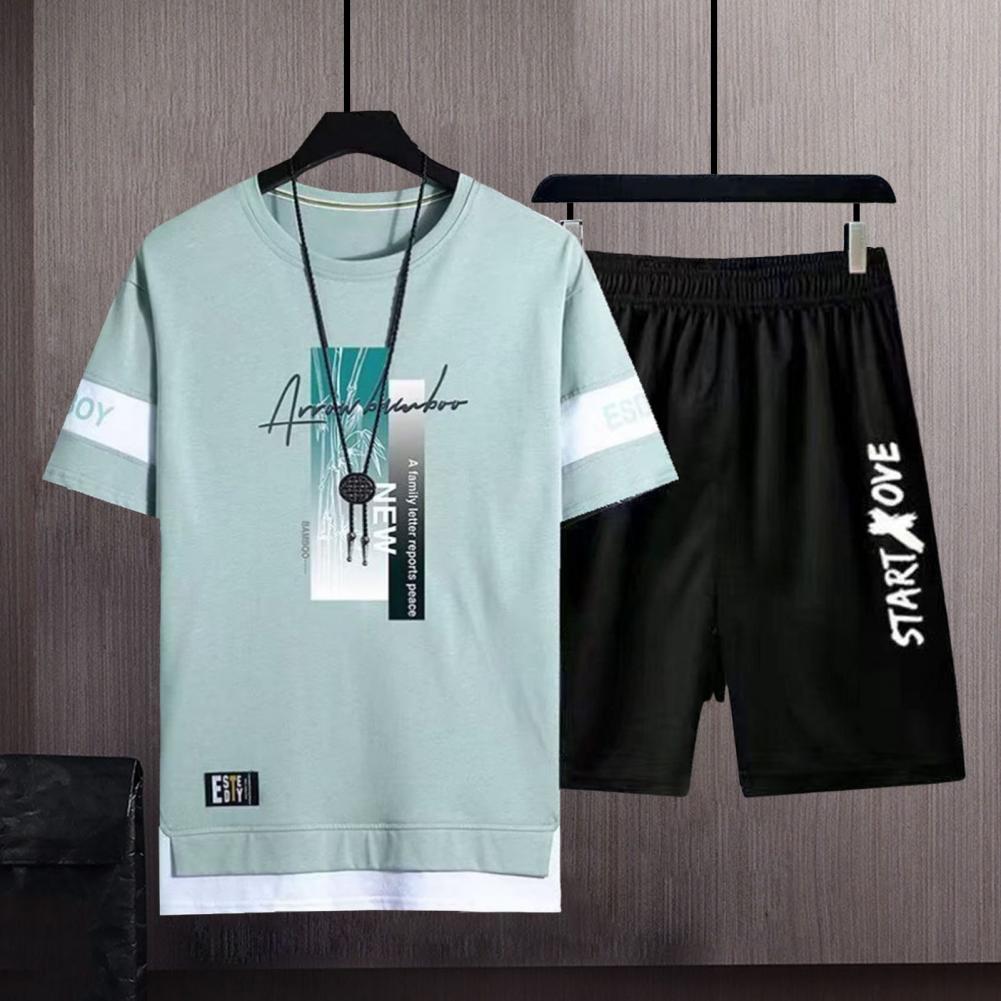 2Pcs/Collection Men Summer Outfit O-Neck Short Sleeve Letter Print T-shirt Elastic Waist Wide Leg Short Pants Collection Leisure Athletic Suit