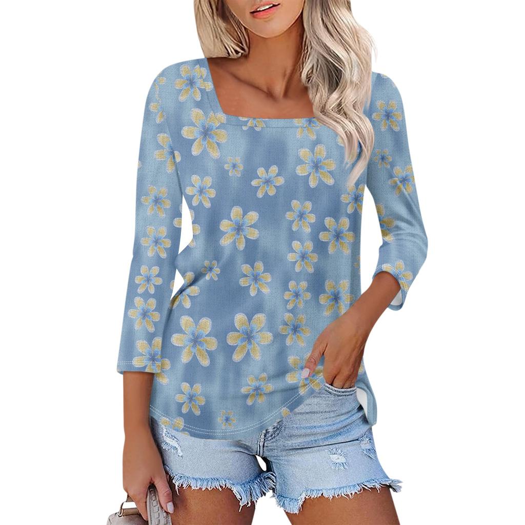 Women's 3/4 Sleeve Square Neck Floral Shirt Casual Loose Tunic Top
