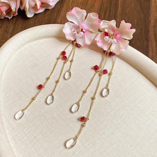 1 Pair Drop Earrings Bright Color Fabric Flower Rhinestones Tassel Long Earrings Holiday Statement Earrings