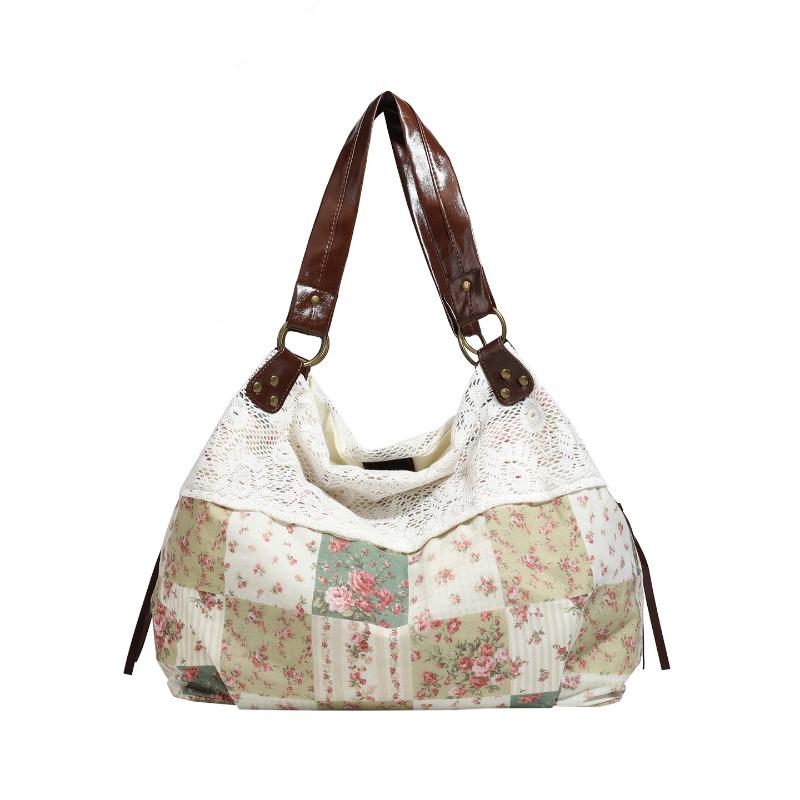 Borsa in Tessuto Patchwork Floreale, Borsa a Spalla Singola da Pendolare con Bordino in Pizzo Retrò