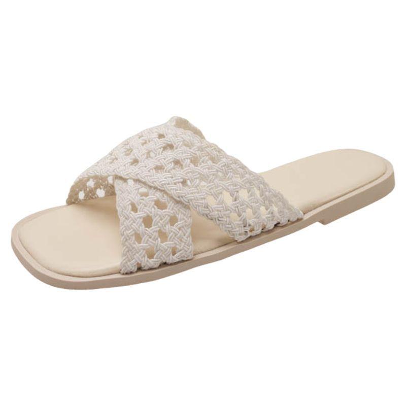 Woven Flat-bottomed Crossed French Holiday Cool Slippers Women's Summer Wear Fashion 2025 New Seaside Beach Shoes