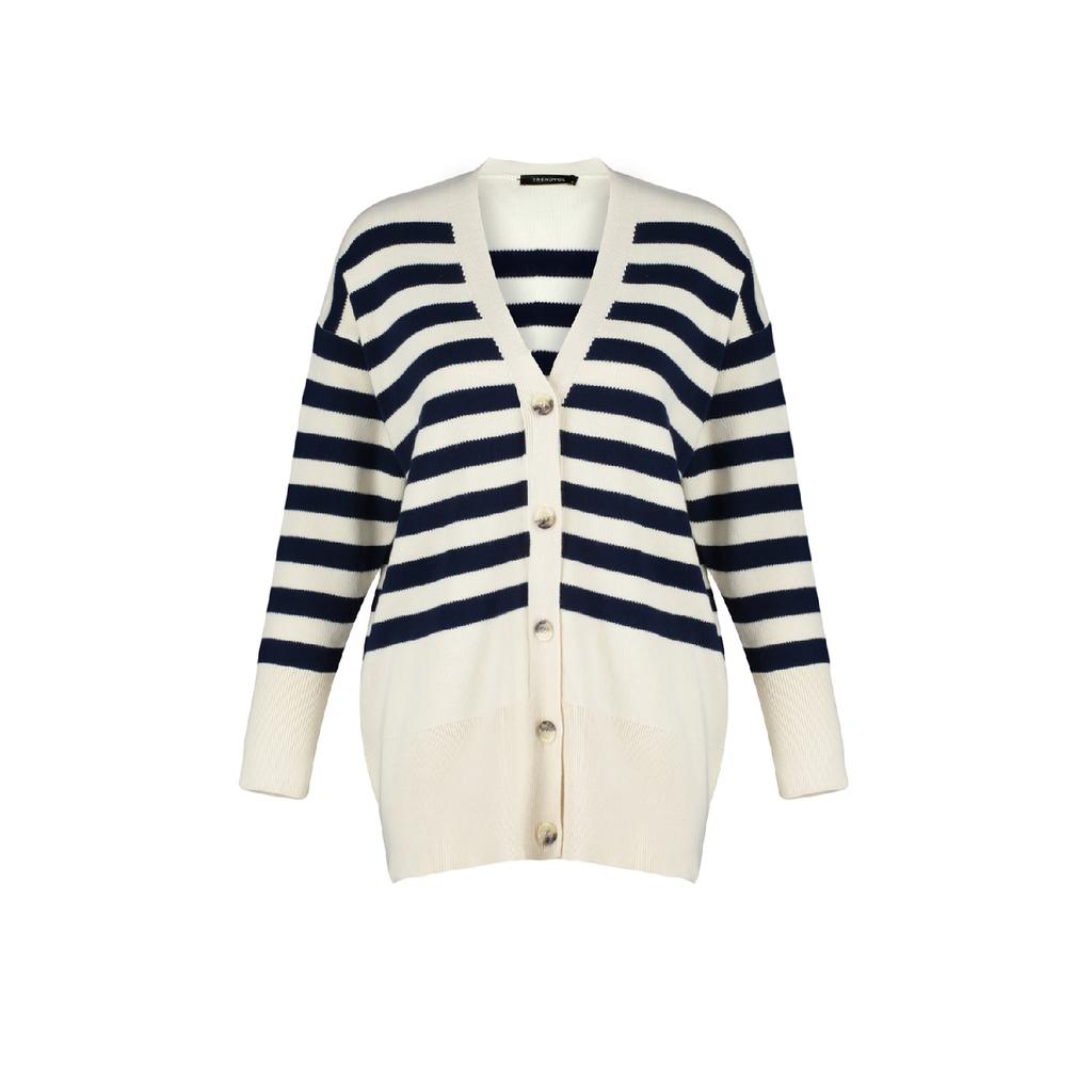 Stein Marineblau V-Ausschnitt Gestreifter Strickwaren-Cardigan Tctaw24th00034