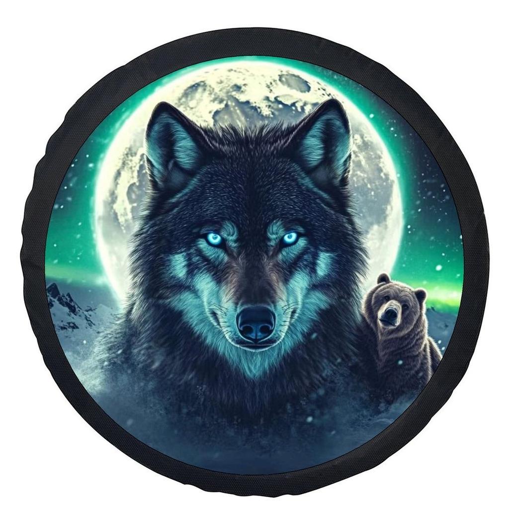 Wolf and Bear Moon Full Graphic Tire Cover Polyester Fiber Wheel Protector Universal Fit