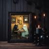 Seltsame Schwarze Katze Geist im Café Leinwanddruck Skurriles Halloween Wandkunst Poster für Modernes Wohnzimmer Schlafzimmer Heimdekor
