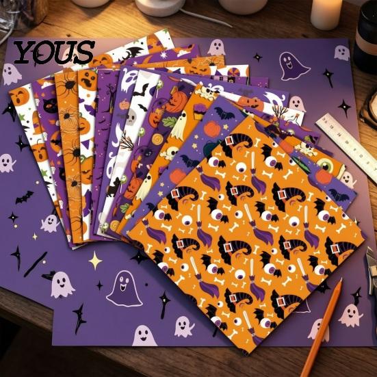 Paper Crafting Halloween Supplies 12 Sheets Scrapbook Set, 6x6in Double-Sided Craft Paper, Pumpkin Ghost Bat Pattern Decorative for Journal,