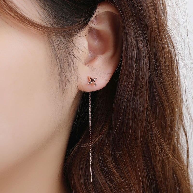 Náušnice ze sterlingového stříbra 925 ve tvaru čtyřcípé hvězdy pro ženy, temperamentní náušnice s třásněmi a řetízkem do ucha, šperk pro přítelkyni, Aretes De Mujer