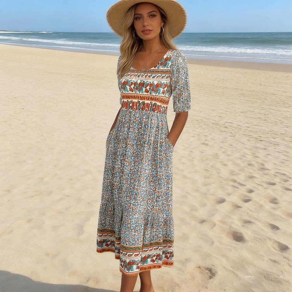 Women Bohemian Print Half Sleeve Flowy Midi Dress Elegant Outdoor Daily Wear