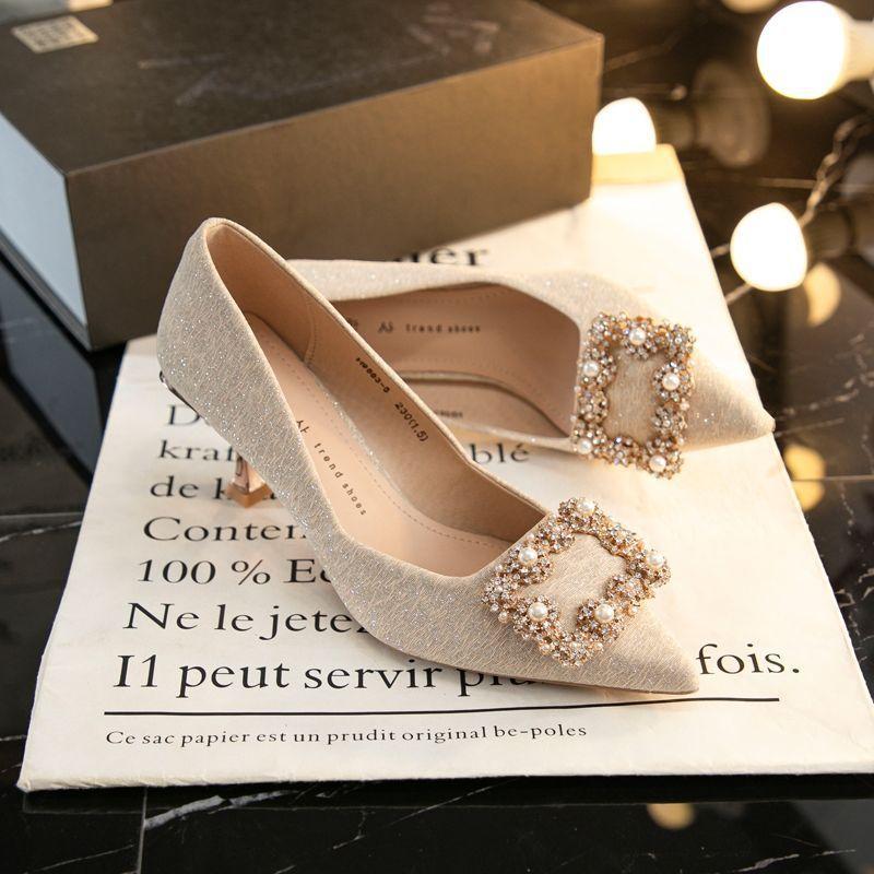 High Heels Female Stiletto French Niche Fairy Style Single Shoes Sequined Pearl Wedding Shoes Bridal Shoes with Wedding Dress Xiaoxiangfeng