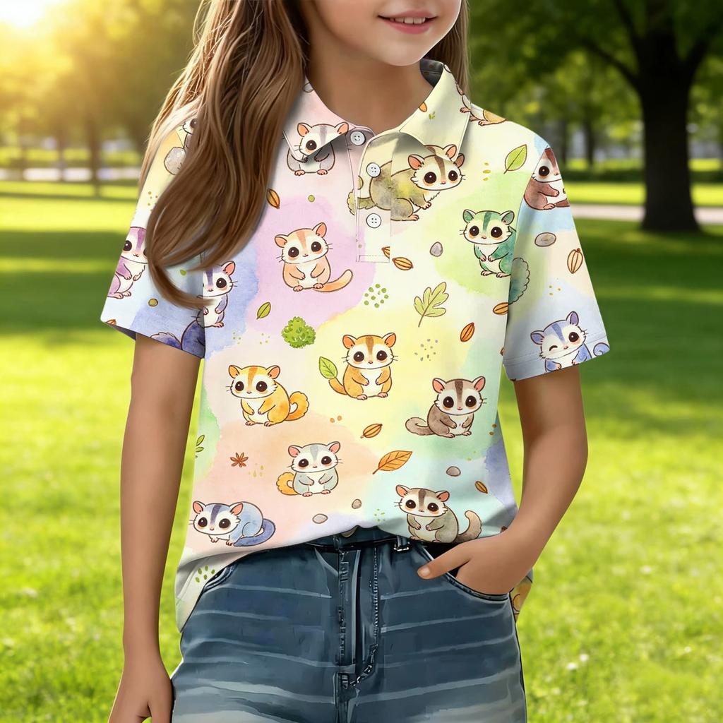 Kids Short Sleeve Polo Shirt Animal Print Casual Tee Button Down Collar Lightweight Summer Top for Boys Girls