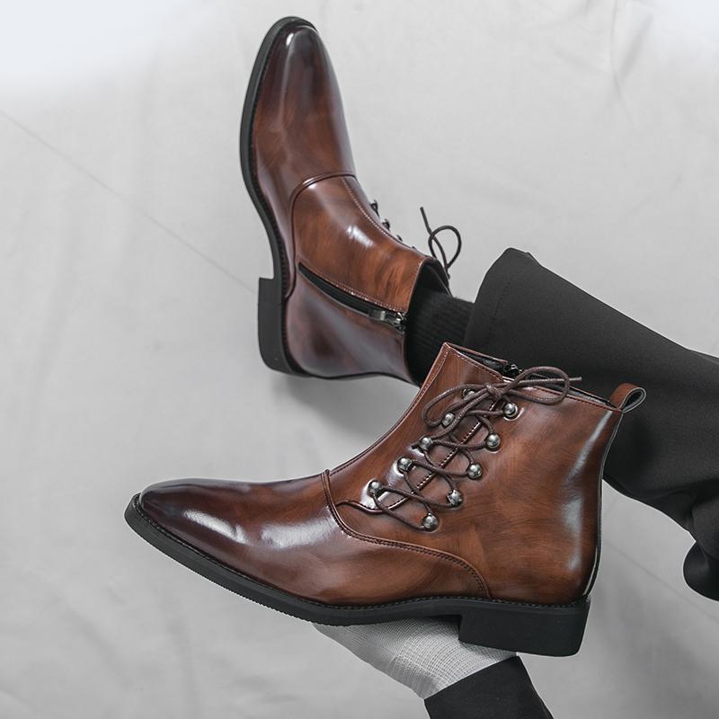 Men’s High Top Black Leather Boots Dress Formal Business Retro Brown Ankle Boots Tuxedo Purple Wedding Shoes Plus Size