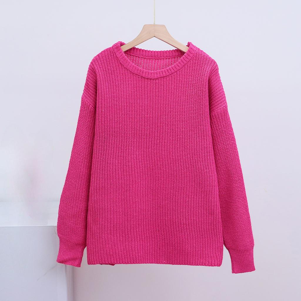 Sweater Ladies's Fall and Winter Loose Round Neck Solid Color Long-sleeved Lazy Knitted Coat Ladies