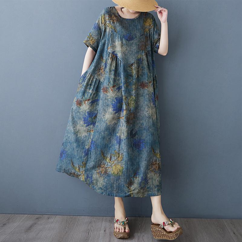 

DIMANAF New 2025 Plus Size Summer Dress Women Prinitng Long Casual O-Neck Dress Loose Dress Maxi Large size XL синий