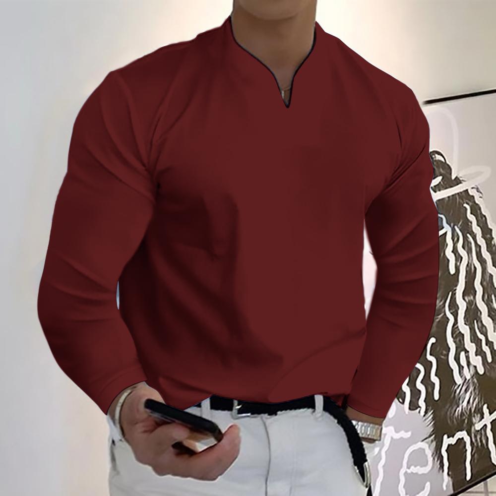 Order A Size Up,Men's Clothes Spring Autumn V-neck Loose Fit Long Sleeve T-shirts Solid Color Tops Casual Tees Shirts Mens Shirts