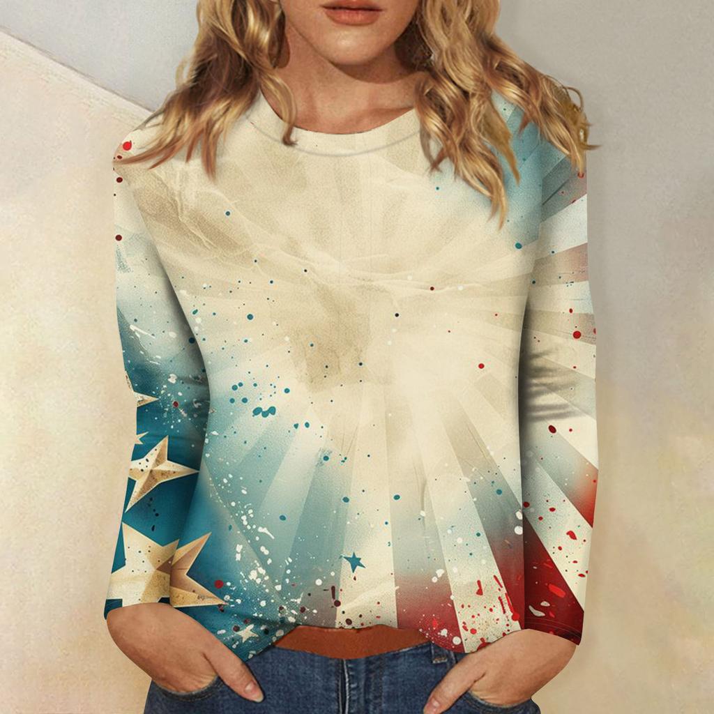 Womens Spring Tops Long Sleeve Patchwork Star Print Casual Crewneck Summer Shirts for Women Comfortable Fit