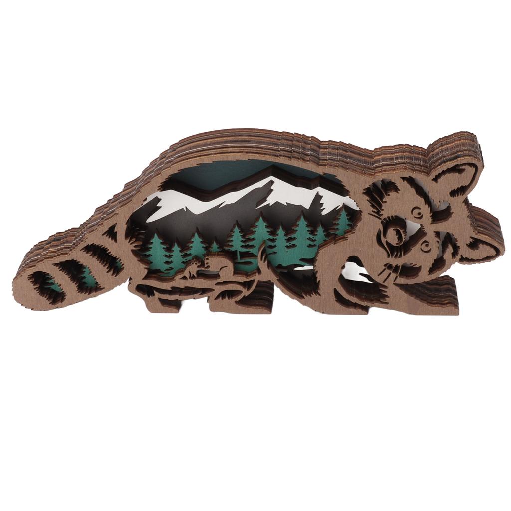 Wooden Craft Ornament 3D Engraving Animal Statue Wood Carving Figurine for Household Desk