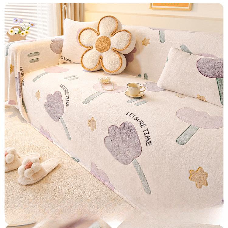 Cute Cartoon Sofa Cover Towel Autumn and Winter Thickening Milk Fiber Anti-Scratching Sofa Cushion All-Inclusive Sofa Cover Dust Cover