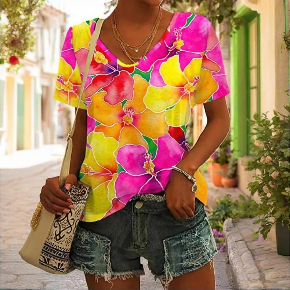 Vintage Flower T-shirt V Neck Casual Fashion Y2k Printed T Shirts Women