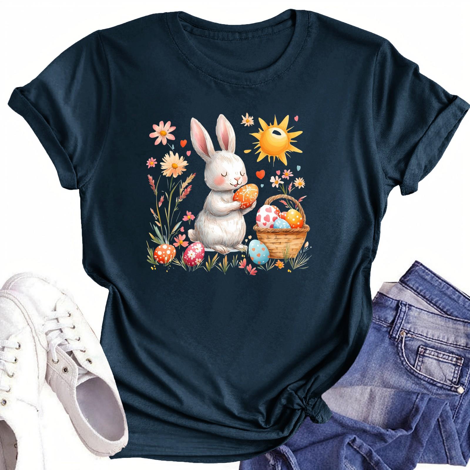 

Женская повседневная футболка с круглым вырезом и короткими рукавами с принтом L тёмно-синий