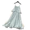 Holiday Wind Light Blue Suspender Sleeveless Dress Women's Summer Ruffle Edge High Waist Thin Pleated Fairy Long Dress