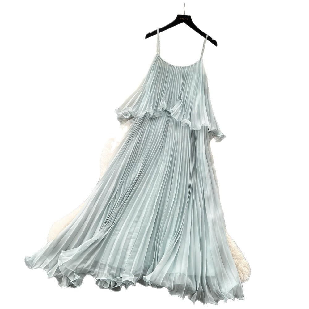 Holiday Wind Light Blue Suspender Sleeveless Dress Women's Summer Ruffle Edge High Waist Thin Pleated Fairy Long Dress