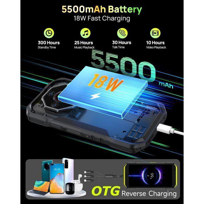 Ulefone Armor X32 Pro 5G Smartphone Robuste 16Go+256Go 64MP+25MP Vision Nocturne Téléphone Incassable Android 14 5,65" NFC, Noir