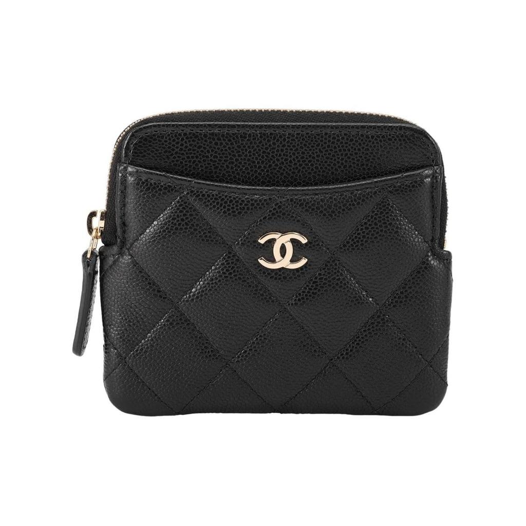Chanel Doppel-C-Logo Diamantmuster und Litschi-Körnung Leder Handtasche Kartenhalter Geldbörse Damen Schwarz