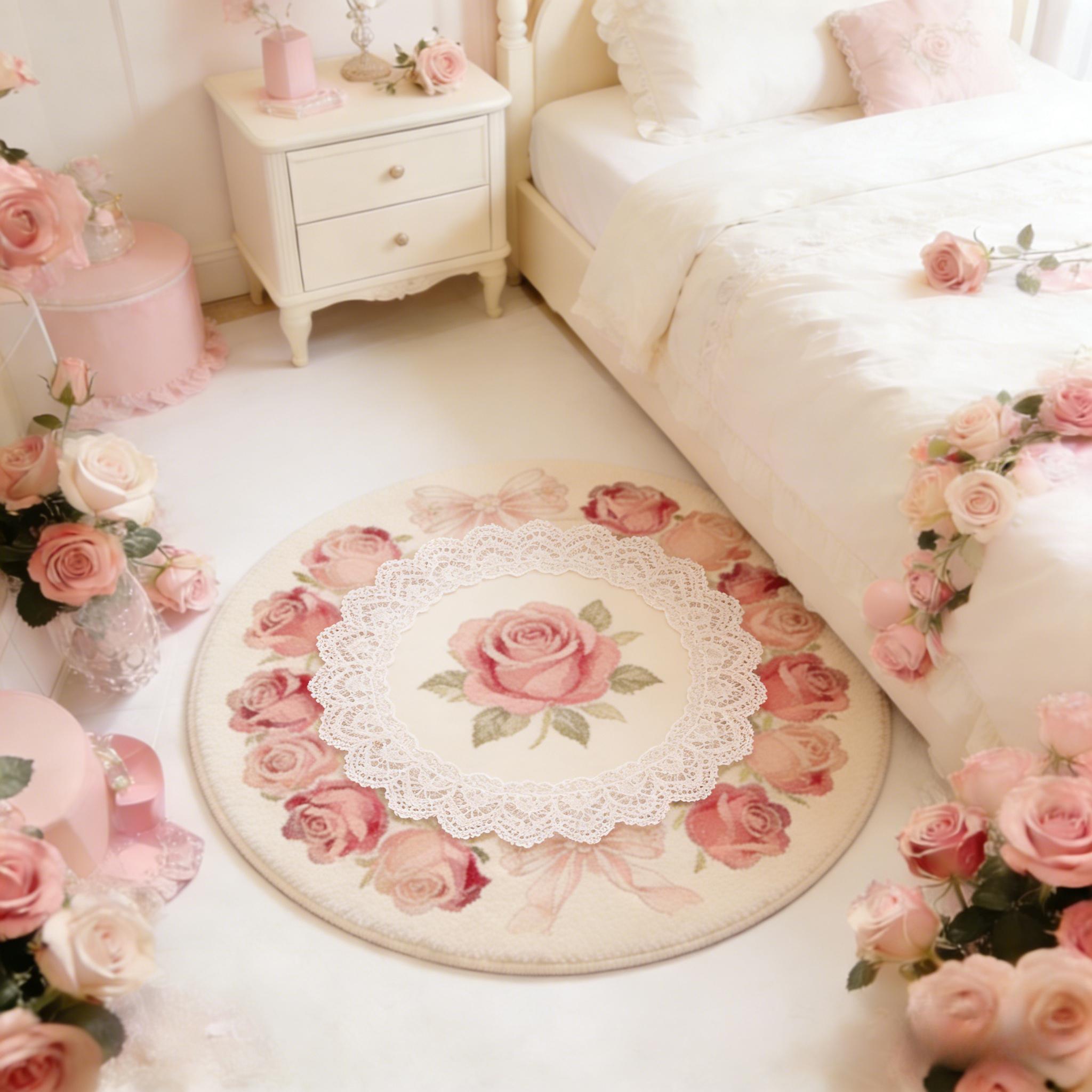 Décor de Chambre Style Français Tapis Rose Tapis Moelleux Doux pour Salon Épais Pelucheux Tapis de Sol de Chevet Maison Rond Lavable 80x80CM
