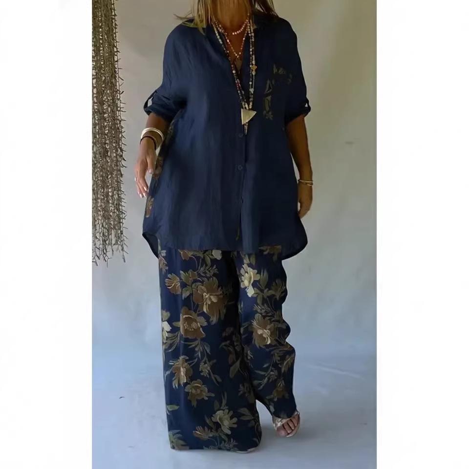 Spring Women's Floral Print Mid-Length Sleeve Top & Long Pants Set 2026
