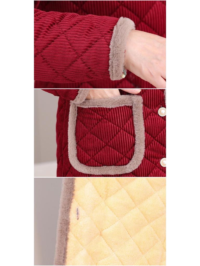 Cozy Plaid Fleece-Lined Jacket for Elderly Women - Mid-Length Winter Coat for Grandmothers