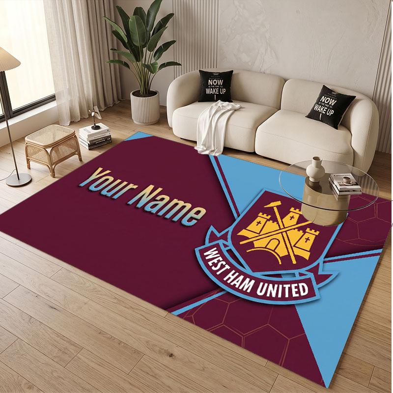Benutzerdefinierter Teppich West Ham United Fußballmuster Druck Name Text Weicher Rutschfester Boden Teppich für Zuhause Innen Dekoration